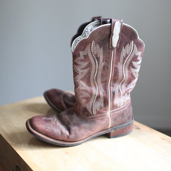 Laredo maroon leather topstich square toe western  cowboy boots womens 10 - Picture 2 of 9